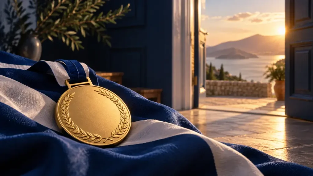 AI-generated editorial illustration: A single unbranded gold medal resting on blue and white fabric beside an open doorway, no Olympic marks