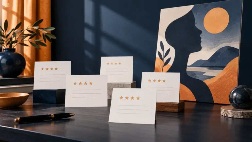 AI-generated editorial illustration: Studio camera facing a conceptual arrangement of plain review cards, with a separate abstract illustration board