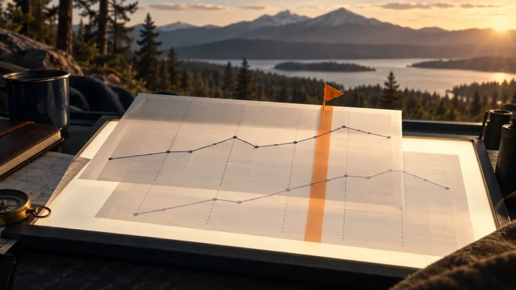AI-generated editorial illustration: two transparent layers of a blank quarterly chart offset on a light table with an orange timing marker and an outdoor landscape beyond. Not a photograph of the reported people, event or facility.