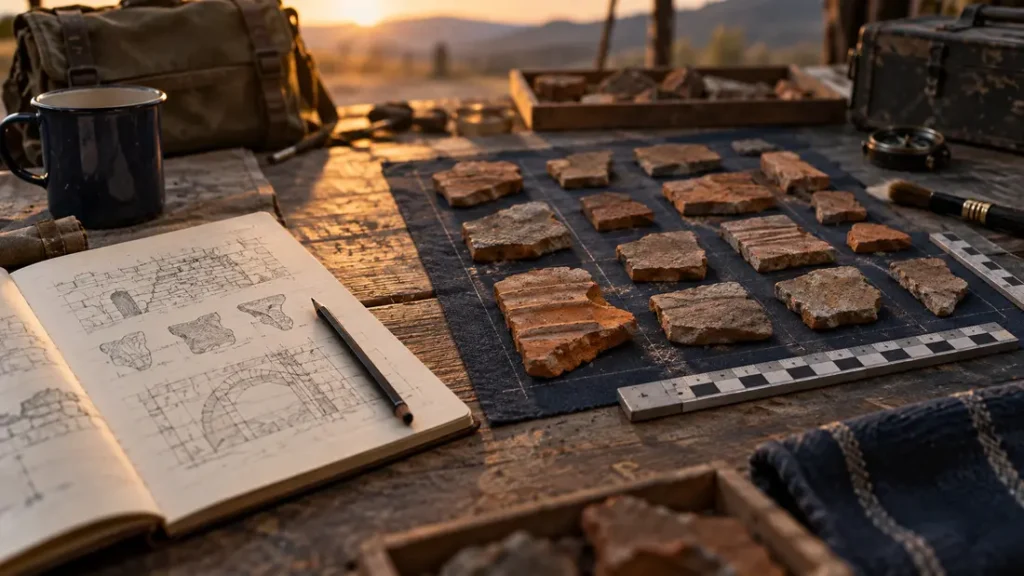 AI-generated editorial illustration: an archaeologist’s notebook beside a careful grid of brick fragments and measuring scales, no excavation of an actual named site.