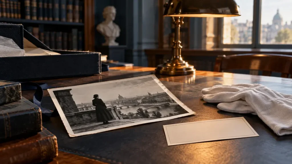 AI-generated editorial illustration: Archival black-and-white photograph with an empty caption card and cotton gloves on a museum reading table