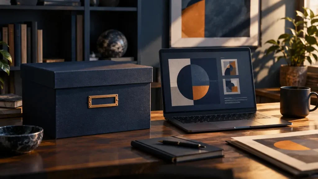 AI-generated editorial illustration: a closed archive box beside an unbranded laptop displaying abstract geometric files, no personal records.