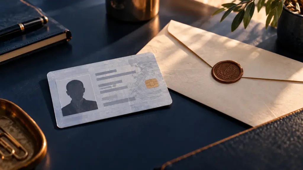 AI-generated editorial illustration: a generic identity-card silhouette and sealed document envelope on a navy desk, no personal data or readable form.