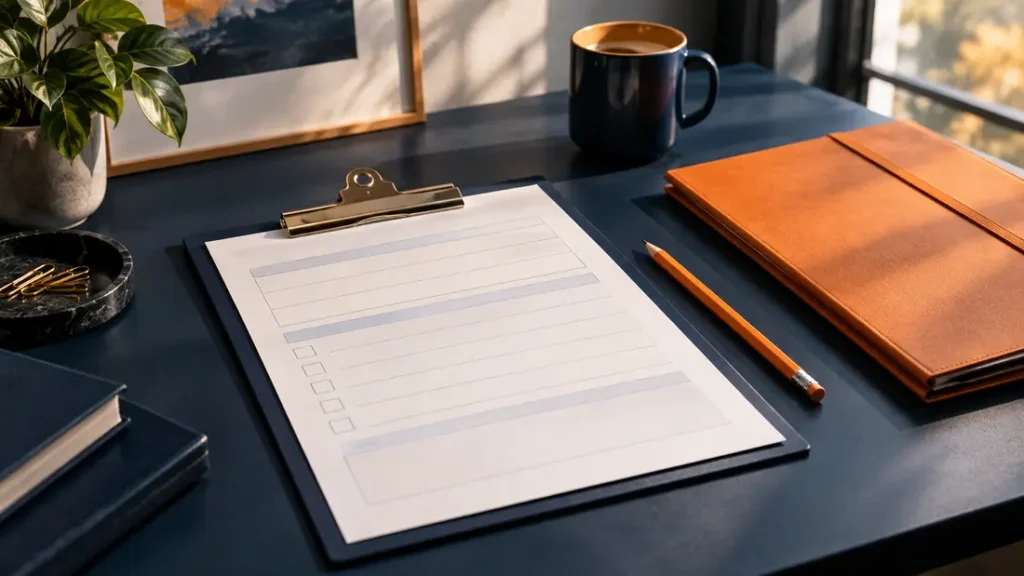 AI-generated editorial illustration: a blank administrative form on a clipboard beside an orange pencil and closed folder, no replica official form.