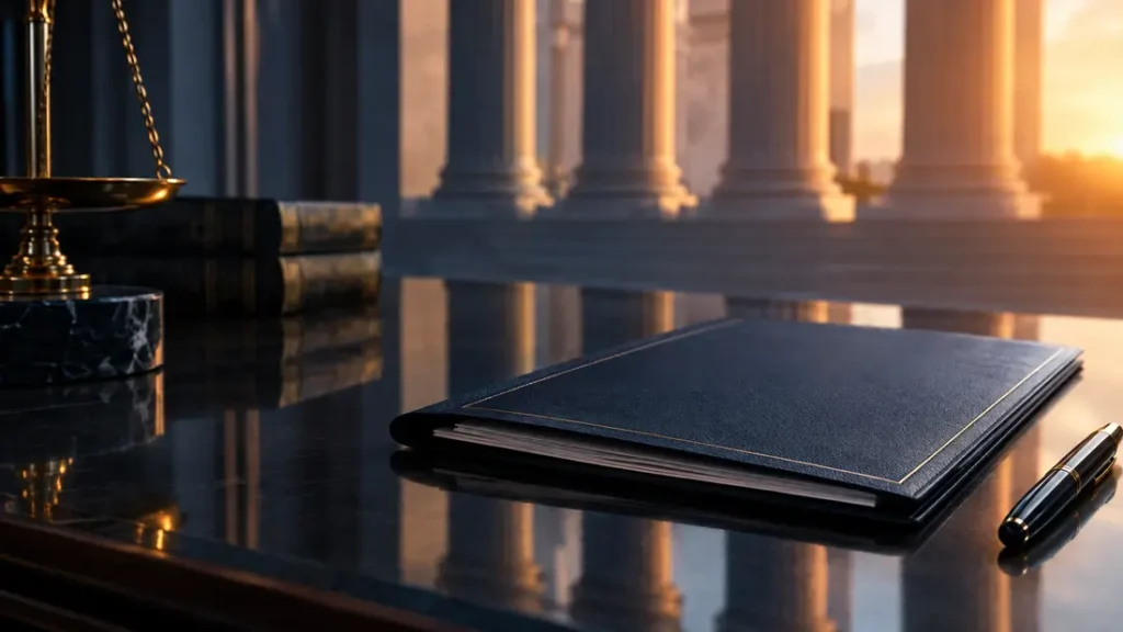 AI-generated editorial illustration: abstract courthouse columns reflected on a dark desk beside an unsigned policy folder.