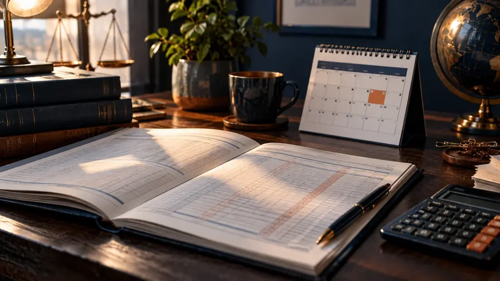 AI-generated editorial illustration: a generic tax ledger and dated calendar blocks on a dark wooden desk without readable numbers.