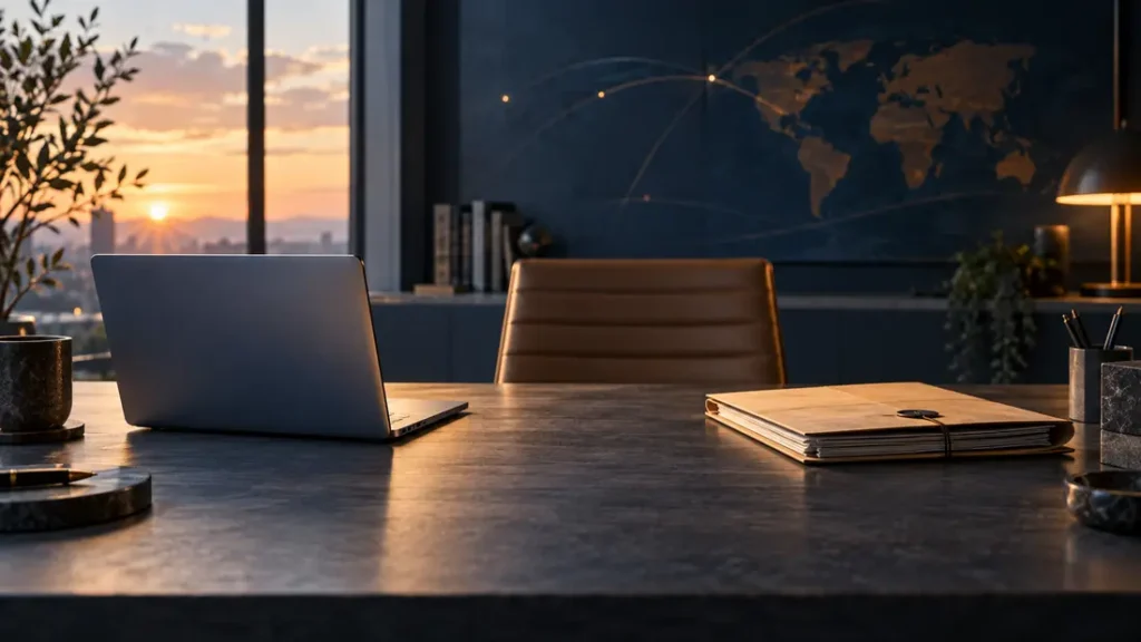 AI-generated editorial illustration: a closed laptop facing a paper document folder across an empty office desk, abstract remote-administration concept.