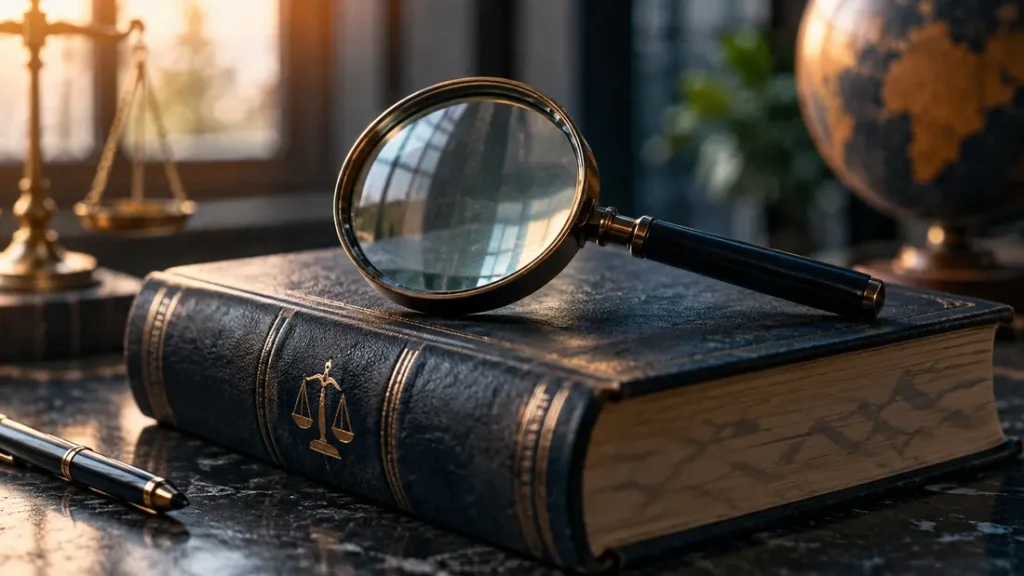 AI-generated editorial illustration: a magnifying glass above a closed legal dictionary with abstract unreadable page edges.