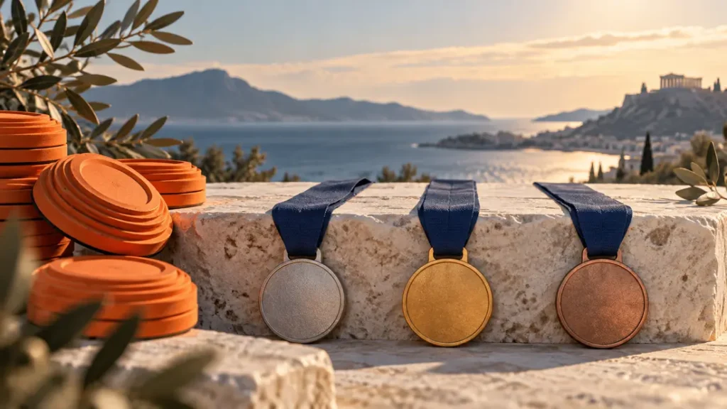 AI-generated editorial illustration: orange clay discs arranged beside three unmarked medal ribbons on pale limestone with an abstract Mediterranean horizon. Not a photograph of the reported people, event or facility.