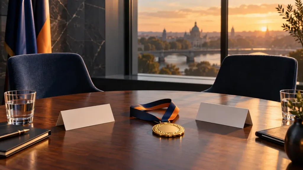 AI-generated editorial illustration: Two empty chairs at a small committee table beside blank note cards and an unbranded sports medal