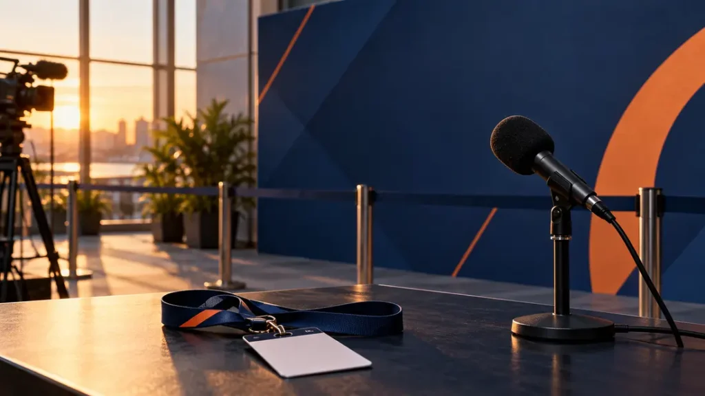 AI-generated editorial illustration: Empty mixed-zone interview backdrop with a plain microphone and an accreditation lanyard, no logos or athletes
