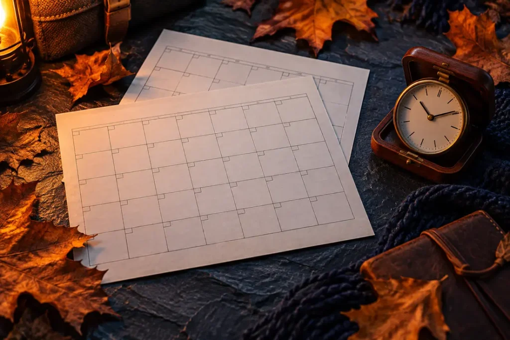 AI-generated editorial illustration of two overlapping blank calendar sheets and a small wooden travel clock among fall leaves on a charcoal slate surface, orange and navy magazine lighting. Not a photograph of this event.