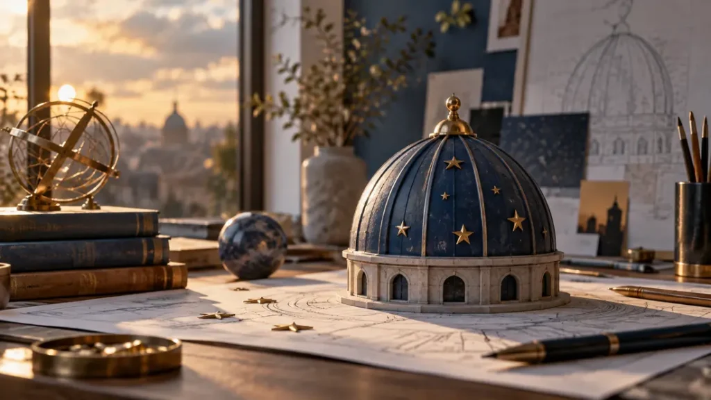 AI-generated editorial illustration: a small blue ornamental dome model with scattered gold stars on an architect’s desk, conceptual rather than a real building.