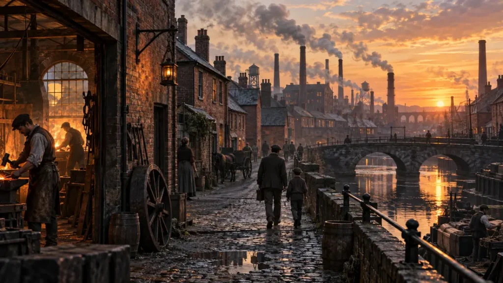 AI-generated editorial illustration: a conceptual nineteenth-century industrial neighborhood with brick workshops and modest worker houses, no identifiable landmark.