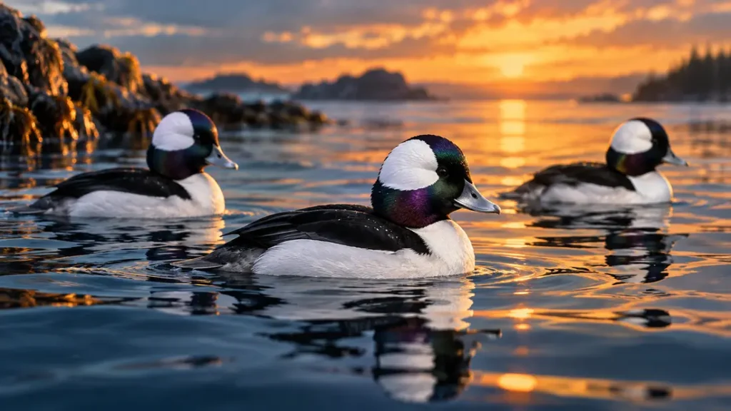AI-generated editorial illustration: three conceptual bufflehead-like waterbirds on reflective blue water, original composition without stamp borders or lettering.