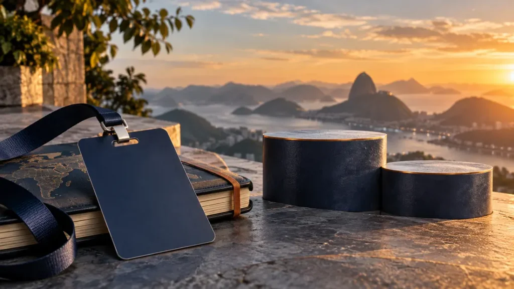 AI-generated editorial illustration: Plain sports accreditation card beside a travel notebook and two empty podium blocks, conceptual opportunity image