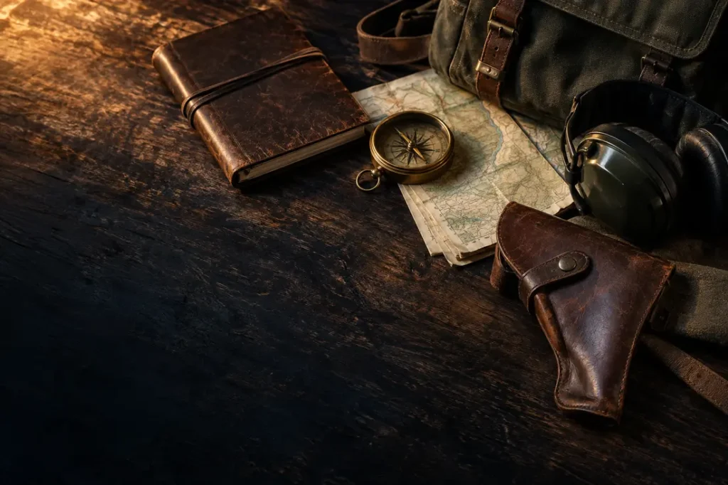 Illustrative field notebook, map, compass and hearing protection
