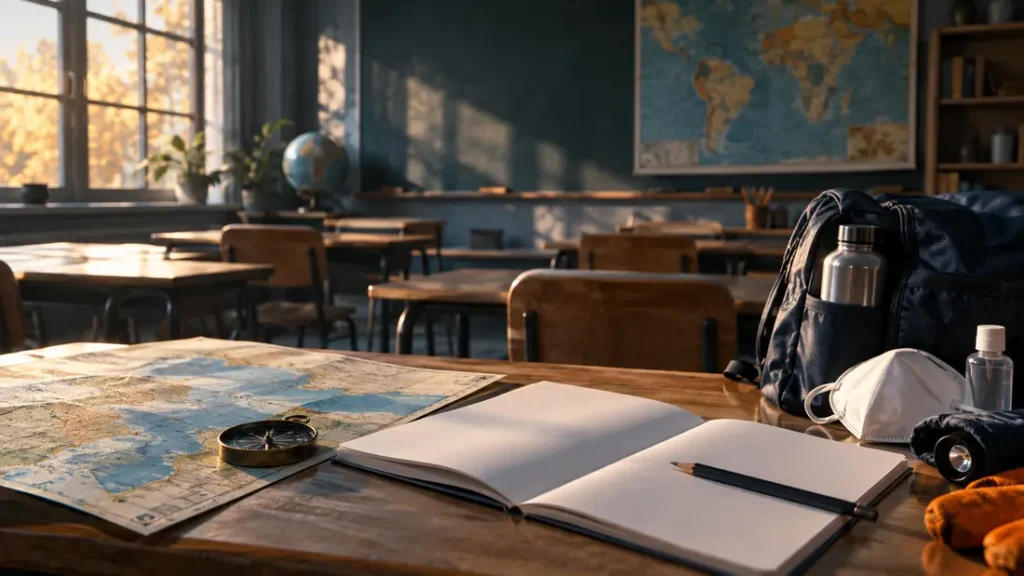 AI-generated editorial illustration: an empty classroom with a map, blank course workbook and protective equipment on a desk.