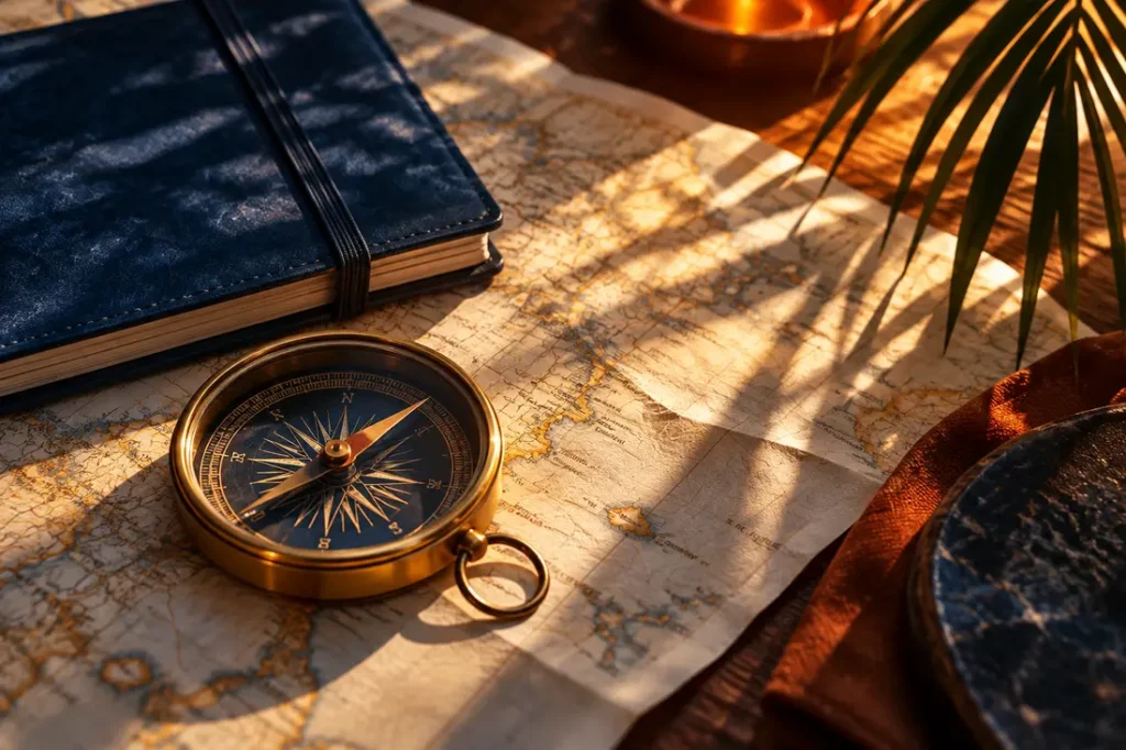 AI-generated editorial illustration of original photographic illustration of a brass compass on a folded cream map beside a dark blue address-book and palm-leaf shadow, warm winter afternoon light. Not a photograph of this event.