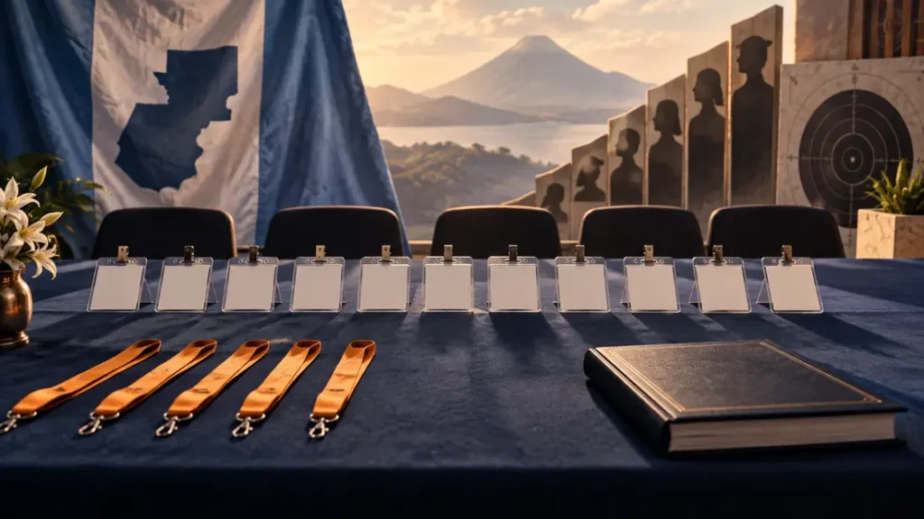 AI-generated editorial illustration: an empty officials table with eleven blank credential holders and five orange ribbons beside a closed rulebook. Not a photograph of the reported people, event or facility.
