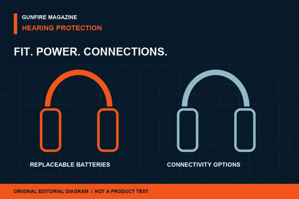 Original editorial diagram of two generic earmuffs highlighting power and connectivity; not photographs of the compared models.