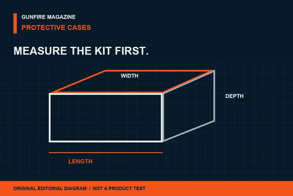 Original editorial measurement diagram of a generic protective case showing length, width and depth.