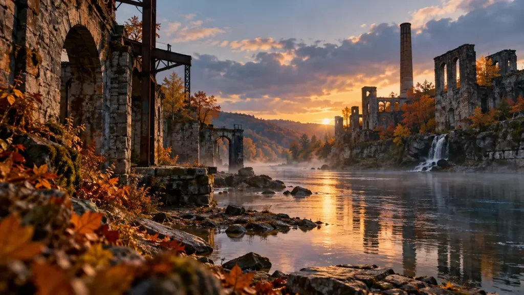 AI-generated editorial illustration: a conceptual riverside industrial ruin with stone foundations and autumn foliage, no recognizable actual site.