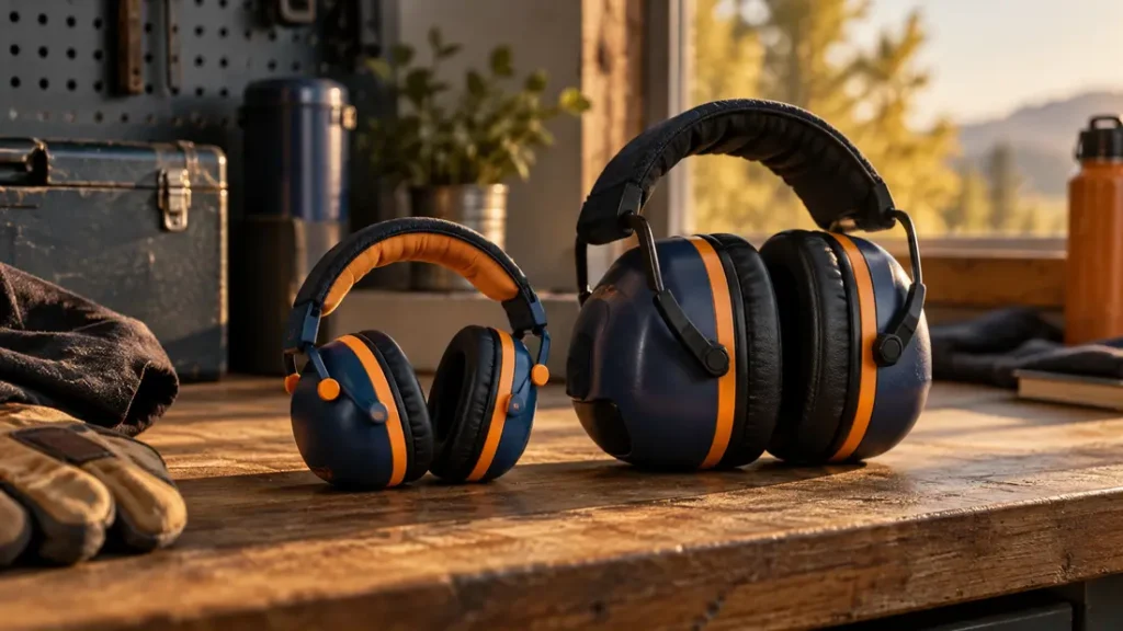 AI-generated editorial illustration: child-sized protective earmuffs beside adult hearing protection on a clean bench, no people or firearms.