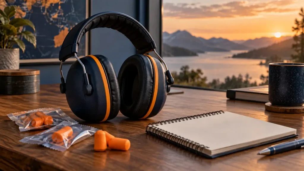 AI-generated editorial illustration: Unbranded protective earmuffs and sealed earplug packs beside a plain review notebook on a wooden desk