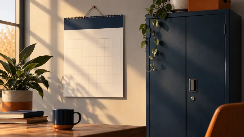 AI-generated editorial illustration: a blank wall calendar beside a closed steel storage cabinet with warm morning light.