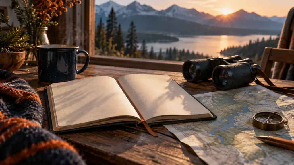 AI-generated editorial illustration: a blank learning journal beside binoculars and an outdoor map on a quiet cabin table.