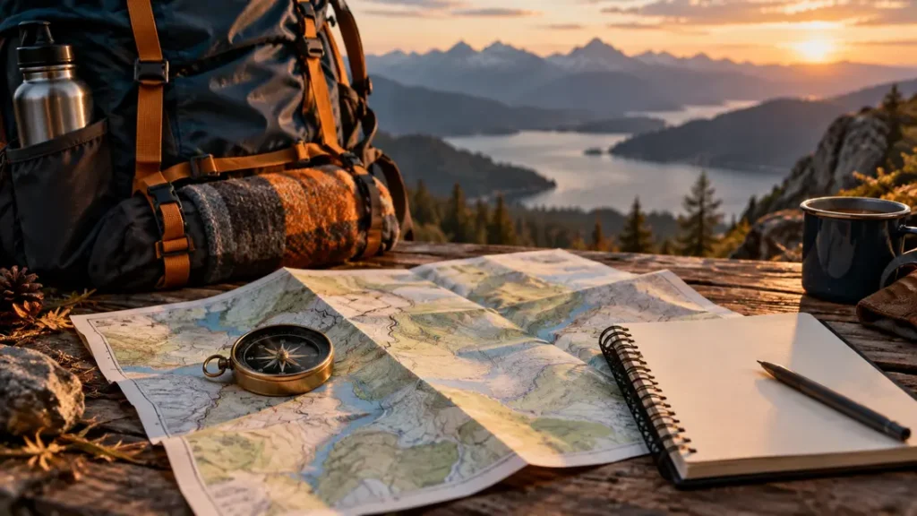 AI-generated editorial illustration: a folded topographic map, compass and blank itinerary notebook beside a packed outdoor bag.