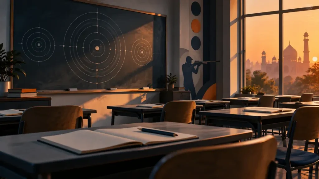 AI-generated editorial illustration: an empty modern classroom with blank notebooks, a chalkboard of abstract circles and warm orange light through tall windows. Not a photograph of the reported people, event or facility.