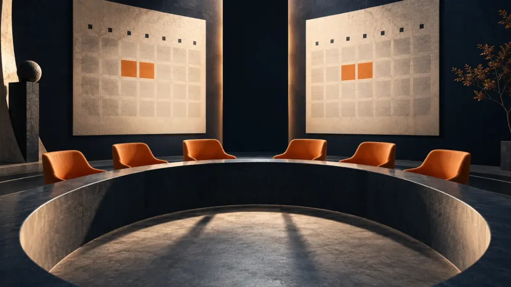 AI-generated editorial illustration: two abstract calendar panels separated by an unlit gap with six orange seats in an empty semicircular meeting room. Not a photograph of the reported people, event or facility.