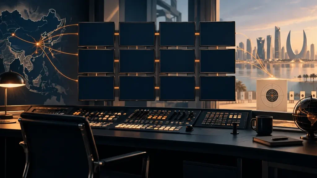 AI-generated editorial illustration: an imagined broadcast control desk with twelve blank screens linked by thin orange light trails and no people or logos. Not a photograph of the reported people, event or facility.