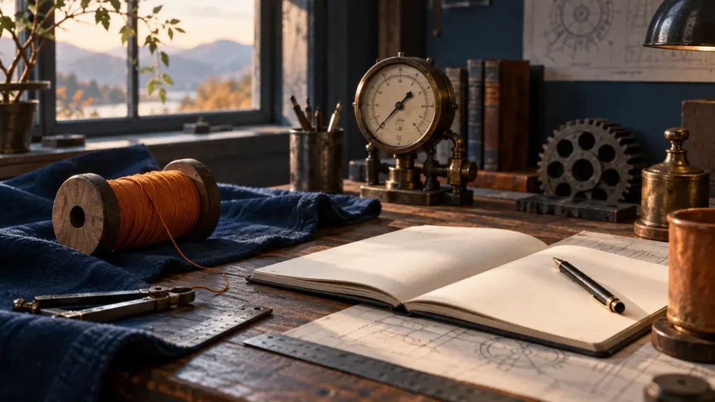 AI-generated editorial illustration: a vintage engineer’s desk with a textile bobbin, mechanical gauge and blank notebook in soft window light.