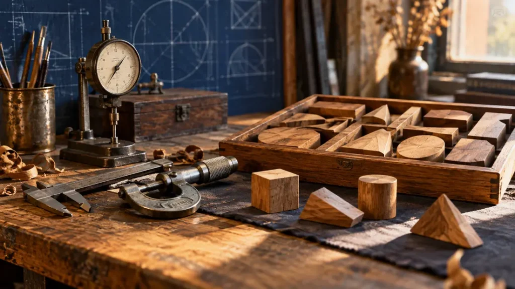 AI-generated editorial illustration: antique measuring gauges and orderly wooden pattern blocks on a workshop bench, no firearm components or construction diagrams.