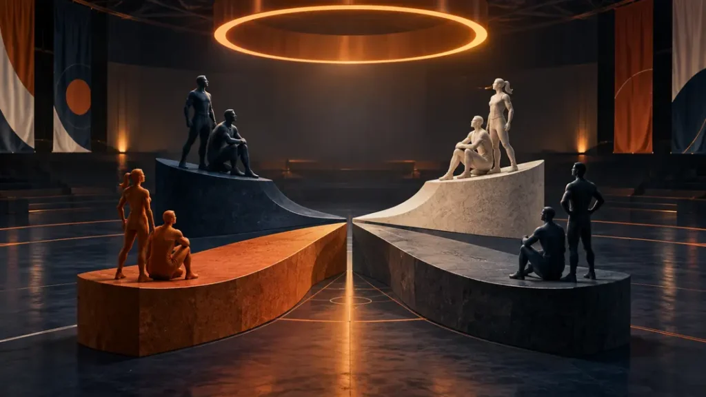 AI-generated editorial illustration: four paired sculptural pedestals converging beneath one circular orange light in an imagined indoor sports hall. Not a photograph of the reported people, event or facility.