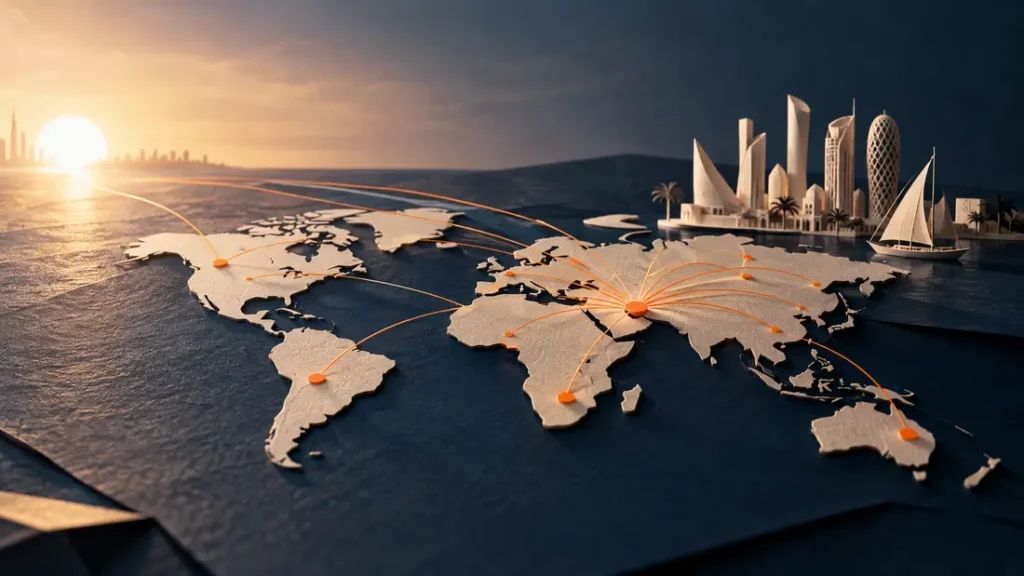 AI-generated editorial illustration: an abstract world map made of paper with orange route markers leading toward a bright blank western horizon. Not a photograph of the reported people, event or facility.