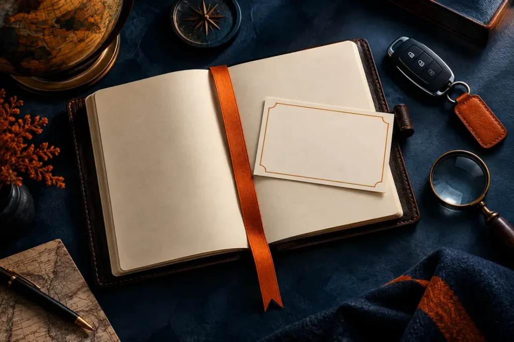 AI-generated editorial illustration of overhead elegant travel journal with blank event card, car key and small magnifying glass, cream paper and orange ribbon, cinematic dark blue desk. Not a photograph of this event.