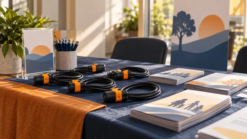AI-generated editorial illustration: neatly arranged unbranded cable locks and safety brochures on an empty community-resource table.