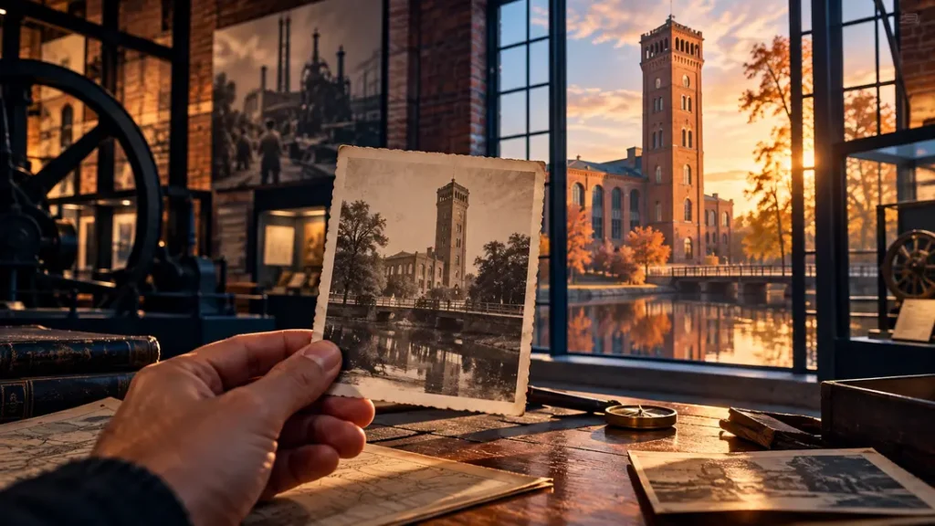 AI-generated editorial illustration: Conceptual brick industrial museum tower reflected in a small archive photograph, not an exact recreation of Springfield