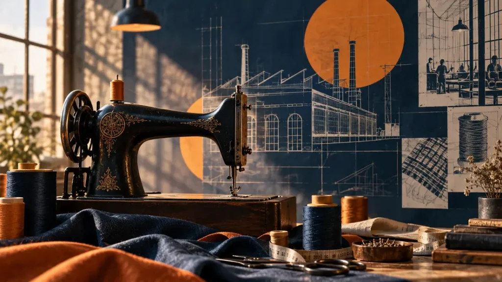 AI-generated editorial illustration: Vintage unbranded sewing machine silhouette beside abstract factory drawings and spools, no functional weapon components