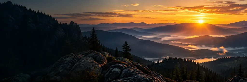 Illustrated mountain ridges at sunrise