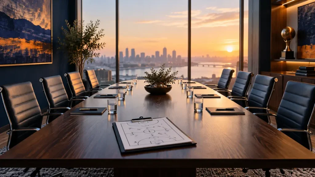 AI-generated editorial illustration: An empty conference table with equal chairs and a sports officials clipboard, soft window light, conceptual leadership image