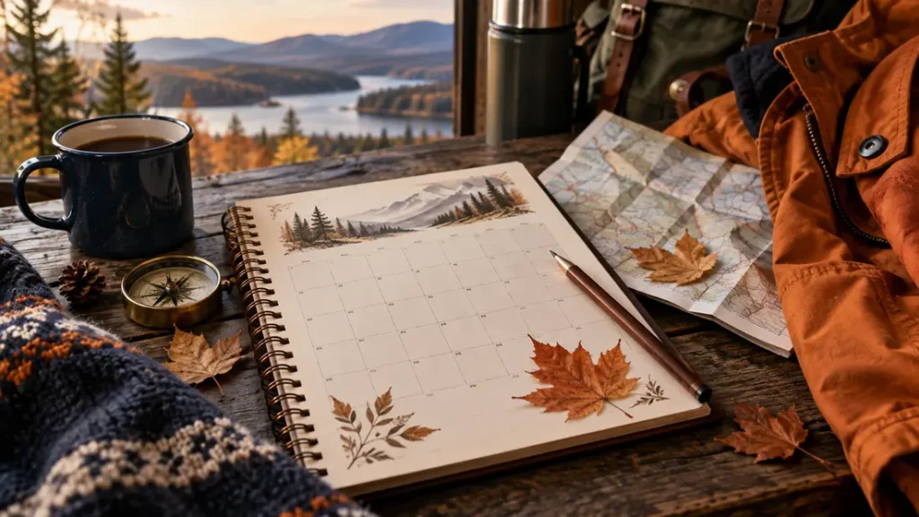 AI-generated editorial illustration: an autumn calendar notebook beside a folded map and orange field jacket, no readable text.