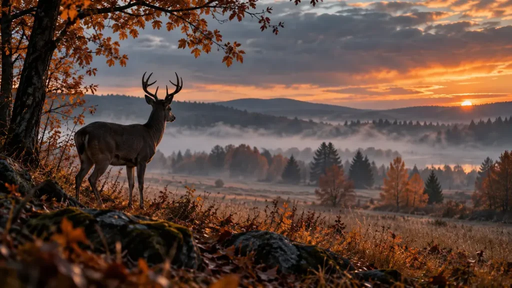 AI-generated editorial illustration: a healthy-looking deer silhouette at the edge of a misty autumn field, conceptual wildlife scene.