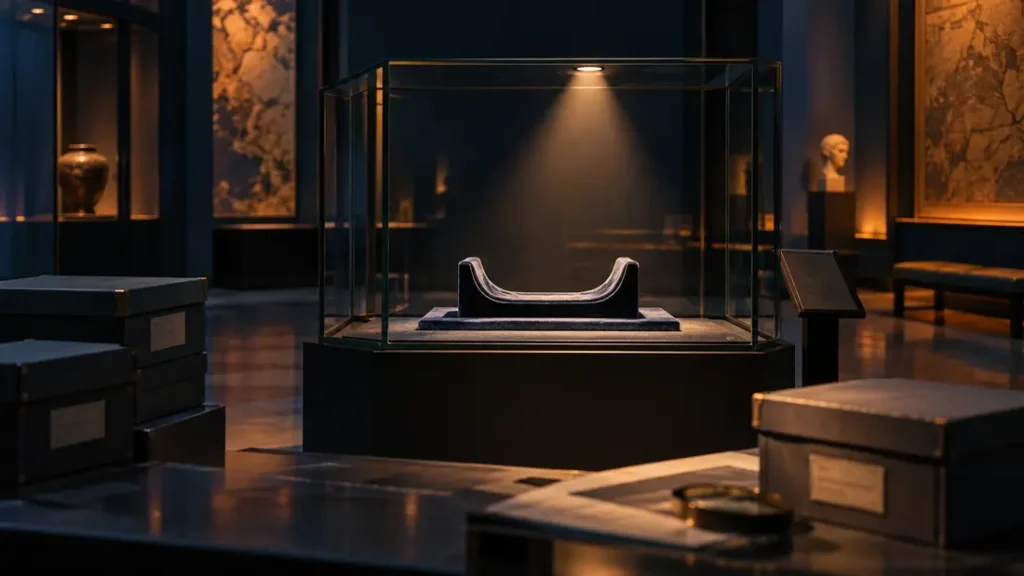 AI-generated editorial illustration: a quiet museum display with closed archival boxes and an empty object cradle under a focused spotlight.
