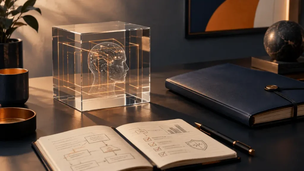 AI-generated editorial illustration: a transparent geometric cube beside a human-edited notebook and a closed privacy folder on a calm editorial desk. Not a photograph of the reported people, event or facility.