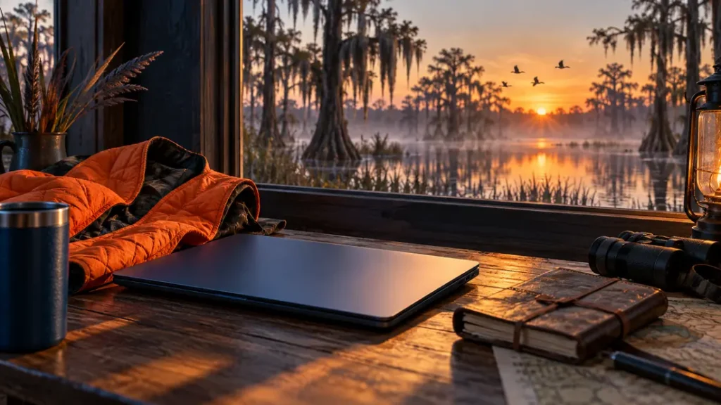 AI-generated editorial illustration: a closed laptop beside a marsh-travel notebook and orange vest, with conceptual cypress wetlands beyond a window.